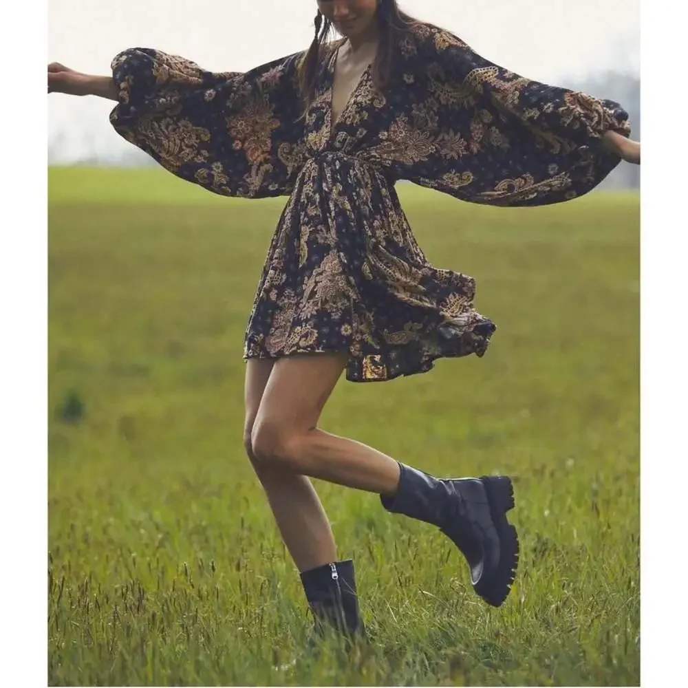 Free People Arzel Mini Dress Black Combo Paisley